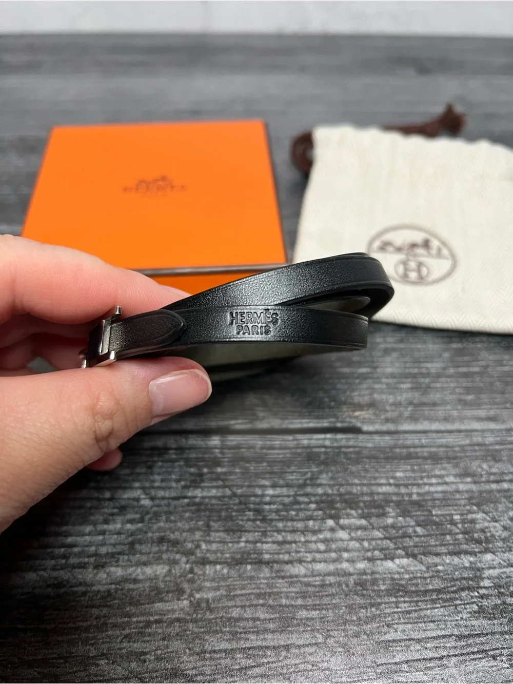 Hermes Black Leather Double Tour Bracelet with Silver Buckle - Picture 4 of 6